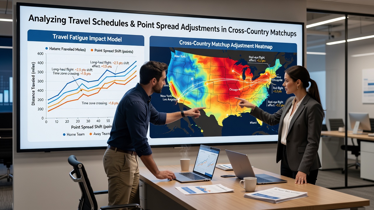 Sports analysts reviewing travel logs and performance charts to adjust betting spreads
