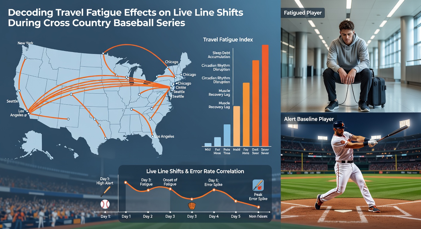 Live sports betting lines fluctuating during an MLB cross-country baseball game affected by player fatigue