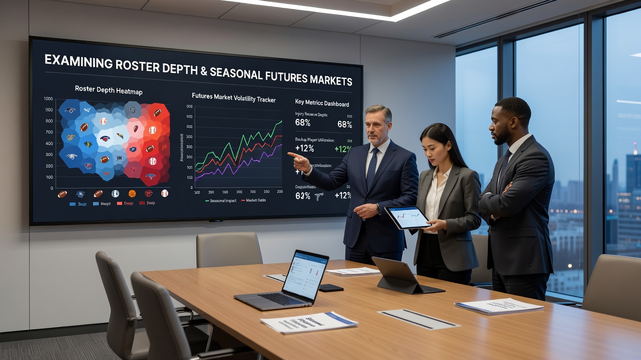 Infographic comparing roster depth statistics and futures odds shifts for NBA, NFL, MLB and NHL teams