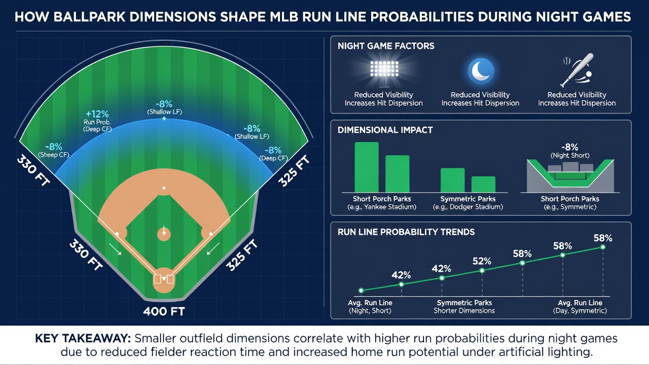 Chart illustrating run line probability shifts in MLB night games across different ballpark sizes