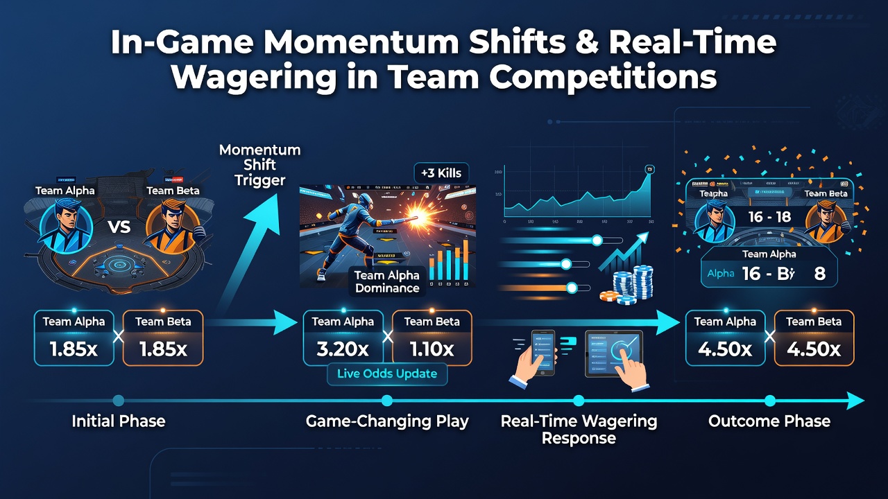 Bettors reviewing live statistics on tablets during a team competition with momentum indicators highlighted on screens