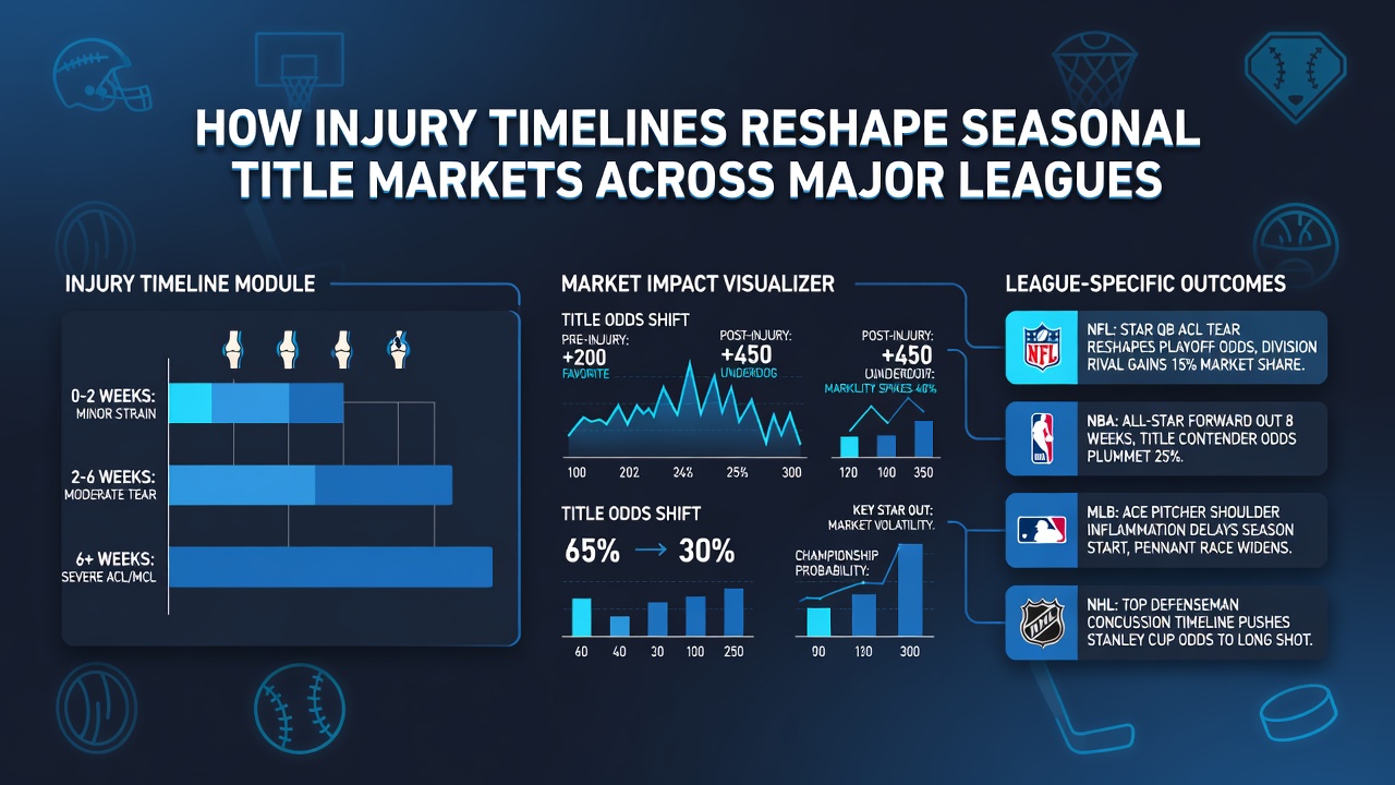 Analysis chart showing how player injuries impact seasonal title odds in NFL, NBA, MLB and NHL