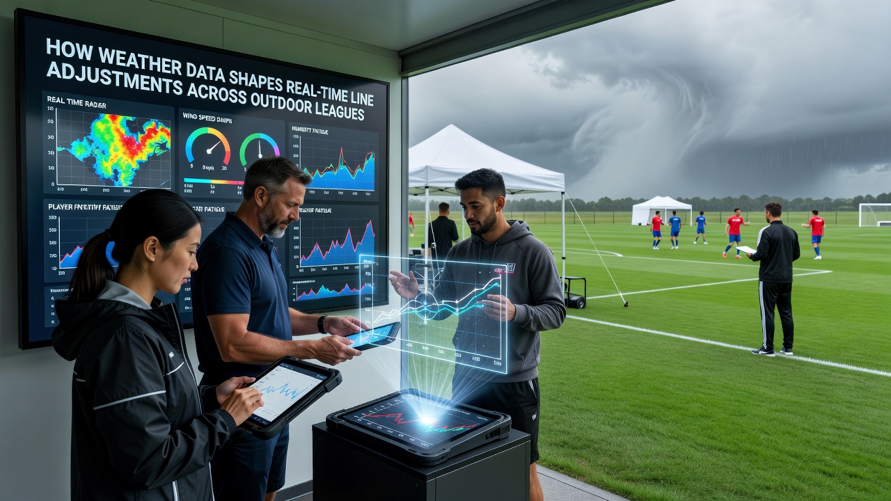 Live sports data analysts reviewing weather feeds and adjusting betting lines during an outdoor event