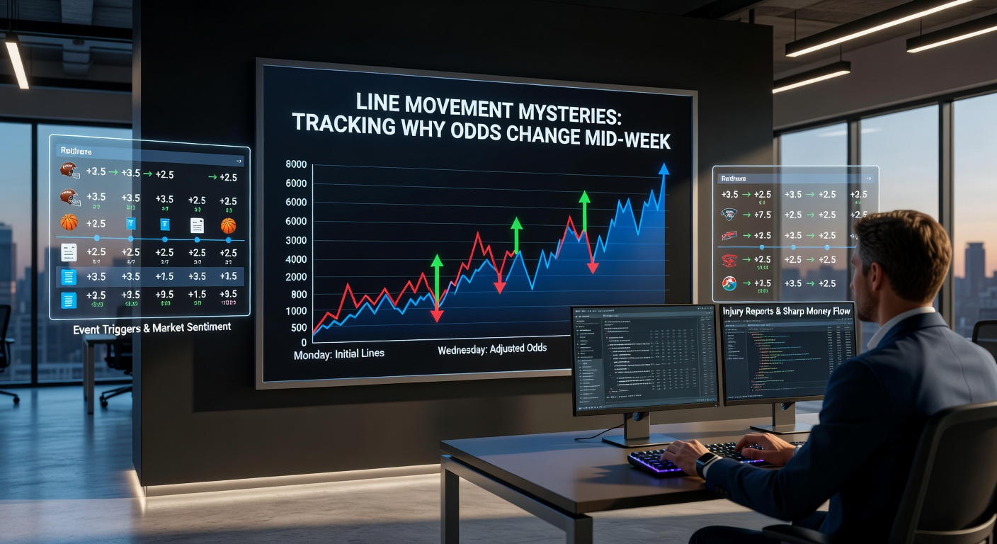 Graph showing dramatic mid-week line movement on a sportsbook odds board, with arrows indicating shifts from Tuesday to Thursday