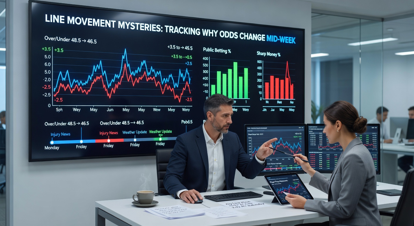 Close-up of a bettor analyzing multiple screens displaying live odds changes, with charts highlighting mid-week spikes in NFL and NBA lines