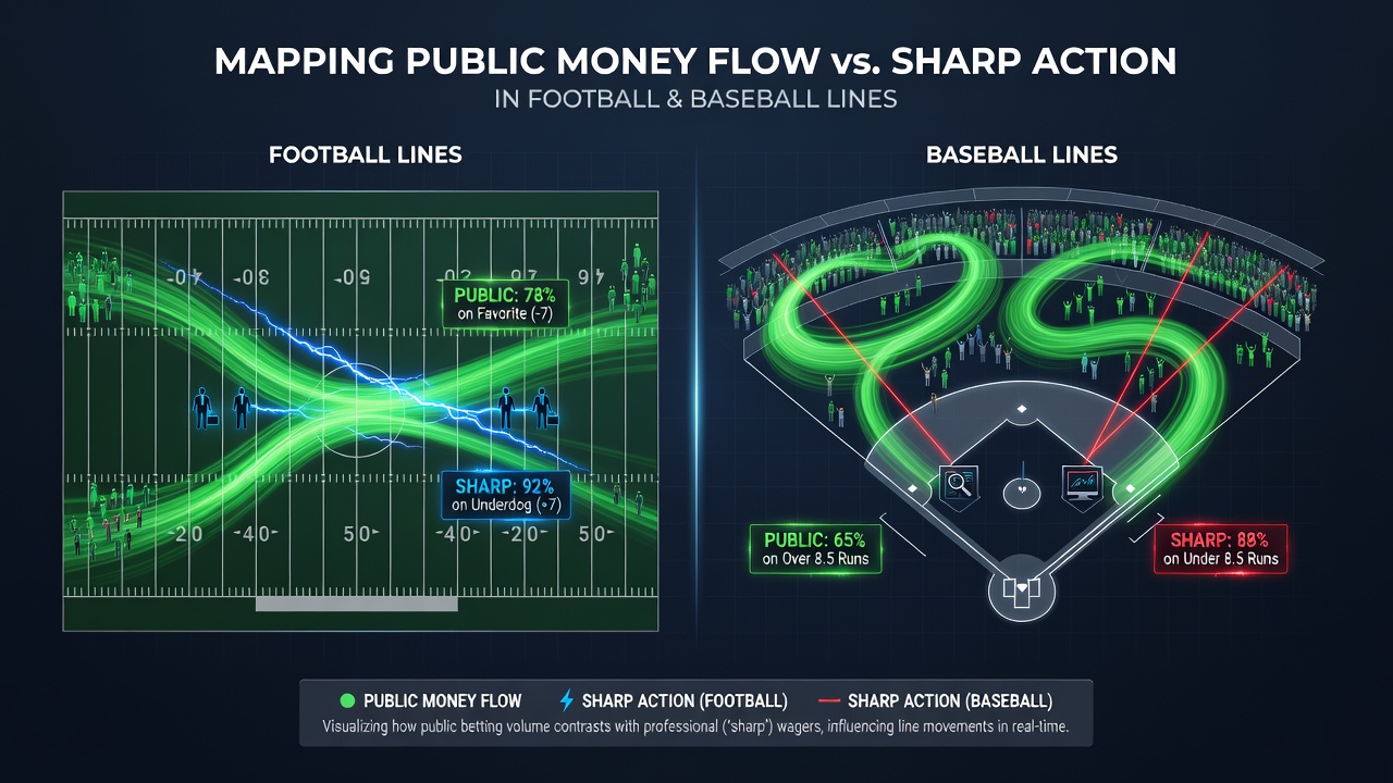 Infographic illustrating line movement caused by public versus sharp betting in major sports