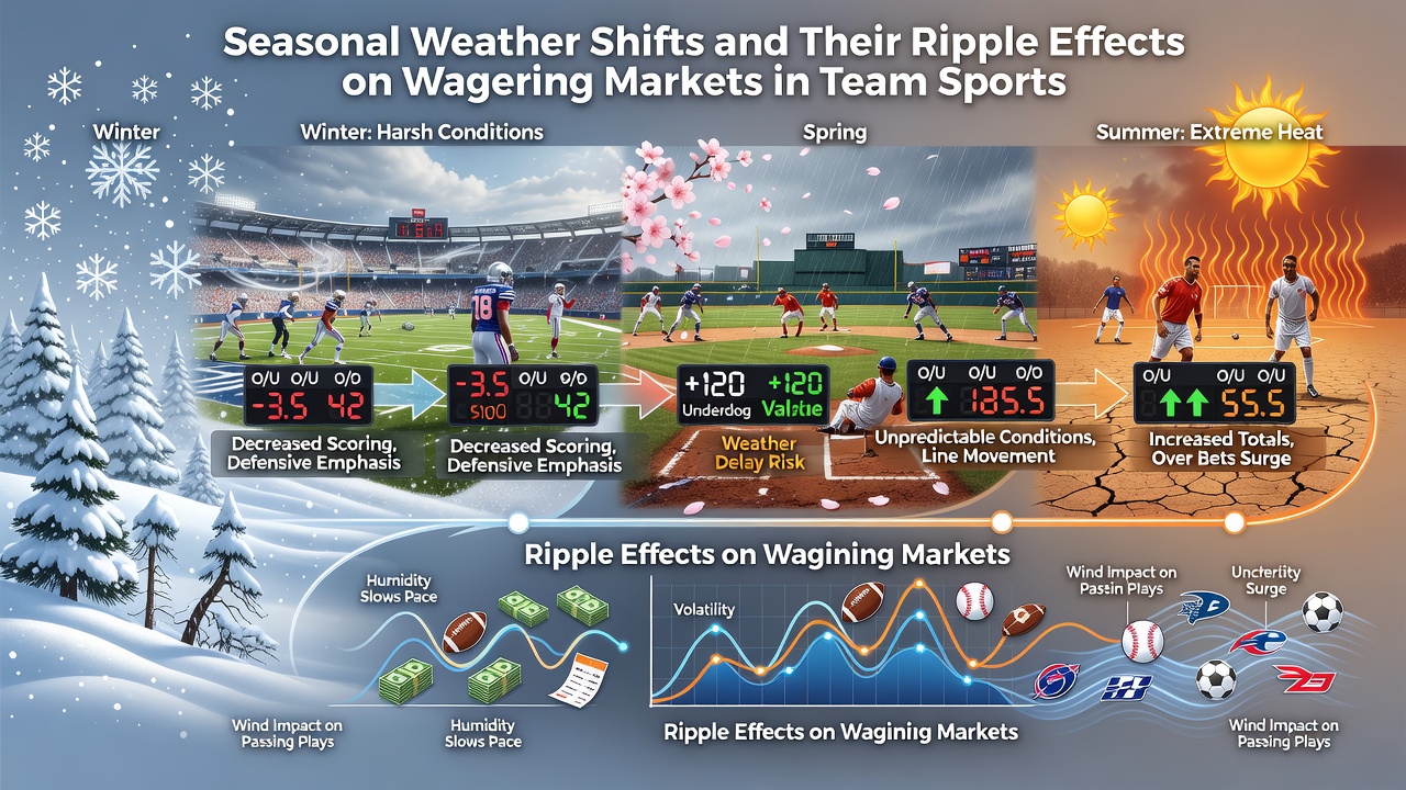 Betting market analysts reviewing weather data and updated odds for team sports events