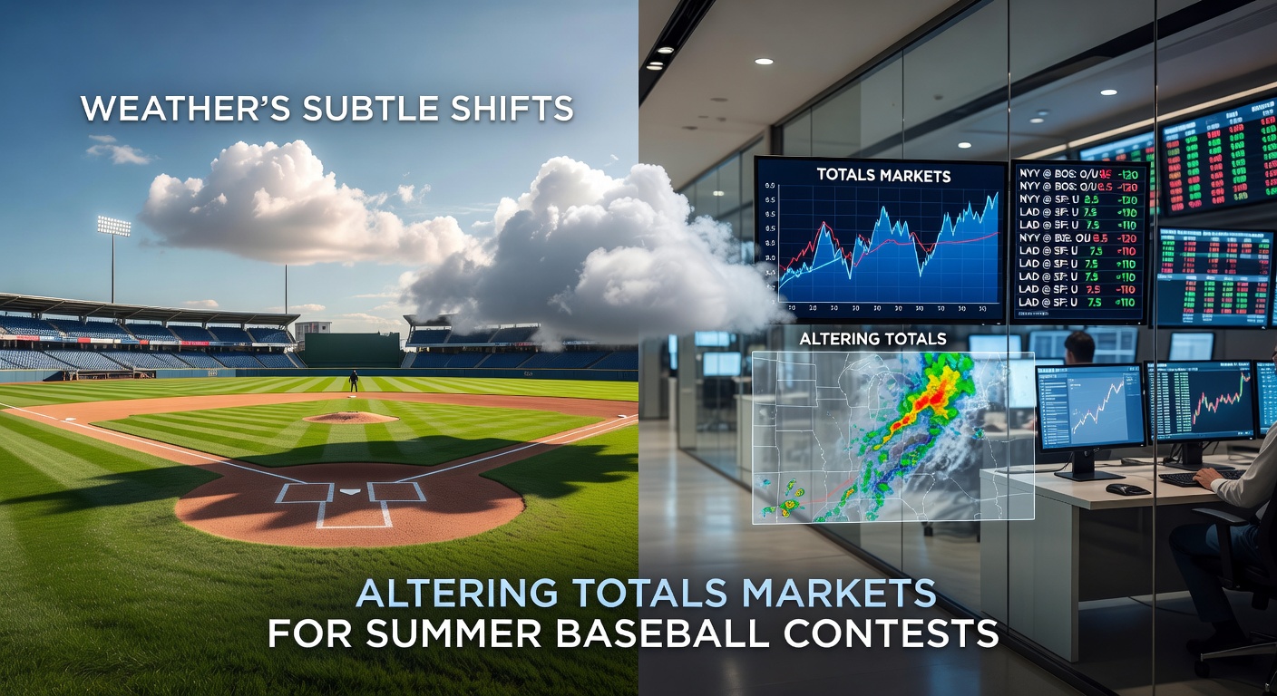 Baseball stadium under summer skies with visible weather effects on the field